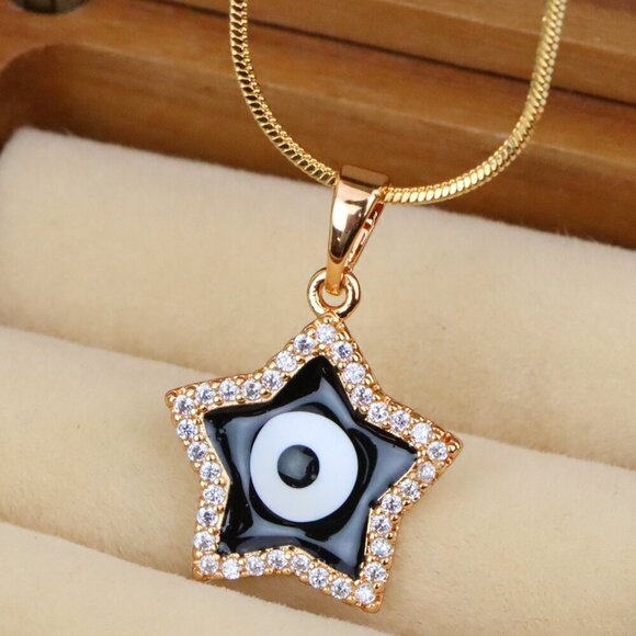 "Rose Gold Star Pendant with Black Evil Eye and CZ Accents, XPPT1380 - Picture 1 of 12